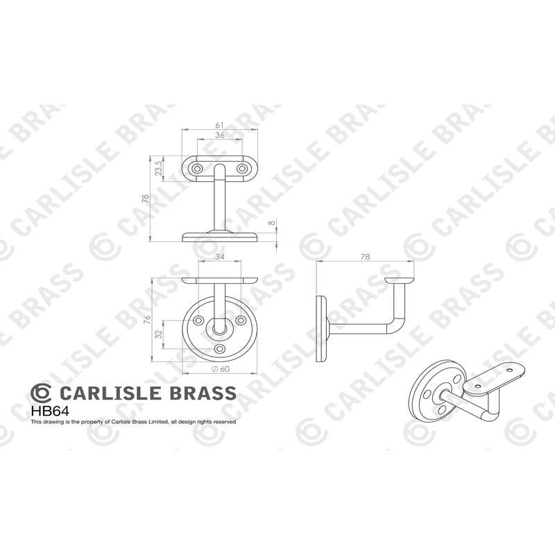 Carlisle Brass - Handrail Bracket Steel 64mm - Zinc Plated  - HB64ZP - Choice Handles