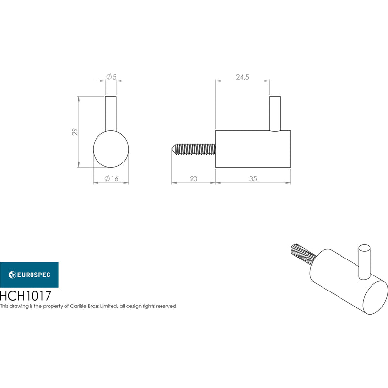 Eurospec - Coat Hook - Satin Stainless Steel - HCH1017SSS - Choice Handles