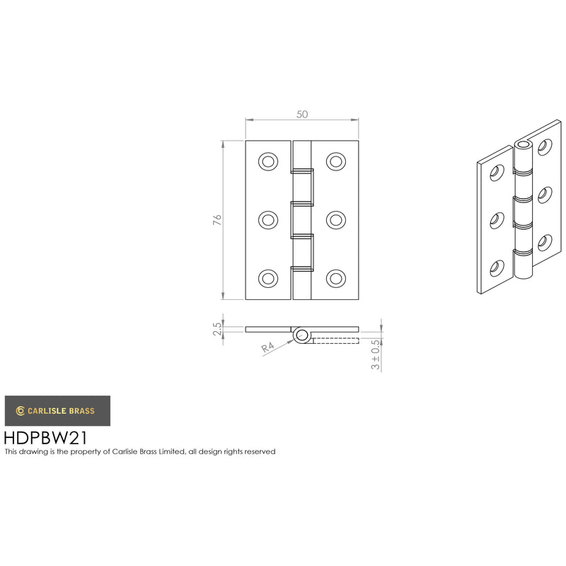 Carlisle Brass - 76mm x 50mm x 2.5mm - Double Phosphor Bronze Washered Butt Hinge - Satin Nickel - HDPBW21SN - (Pair) - Choice Handles