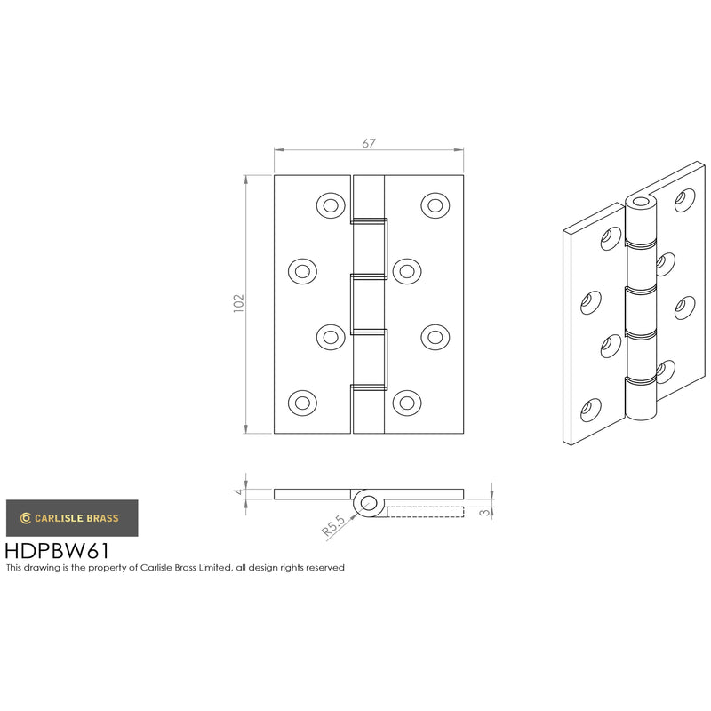 Carlisle Brass - 102mm x 67mm x 4mm - Double Phosphor Bronze Washered Butt Hinge - Polished Lacquered - HDPBW61 - (Pair) - Choice Handles