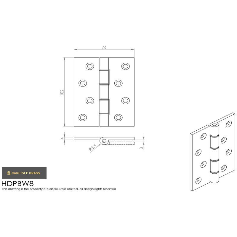 Carlisle Brass - 102mm x 67mm x 4mm - Double Phosphor Bronze Washered Butt Hinge - Polished Lacquered - HDPBW8 - (Pair) - Choice Handles