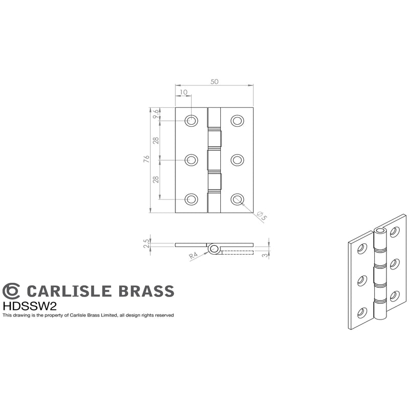 Carlisle Brass - 76mm Double Stainless Steel Washered Brass Butt Hinge - Satin Chrome - HDSSW2SC - (Pair) - Choice Handles