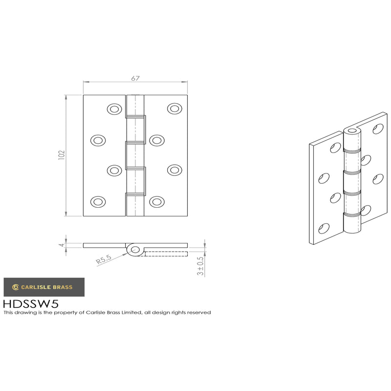 Carlisle Brass - 102mm Double Stainless Steel Washered Brass Butt Hinge - Satin Chrome - HDSSW5SC - (Pair) - Choice Handles