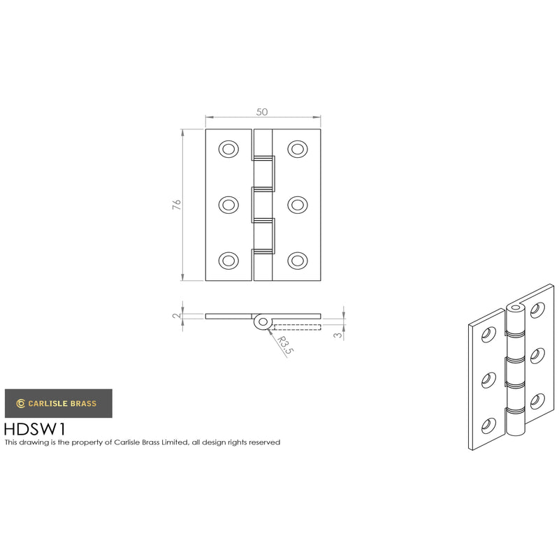 Carlisle Brass - 76mm Double Steel Washered Brass Butt Hinge - Polished Chrome - HDSW1CP - (Pair) - Choice Handles