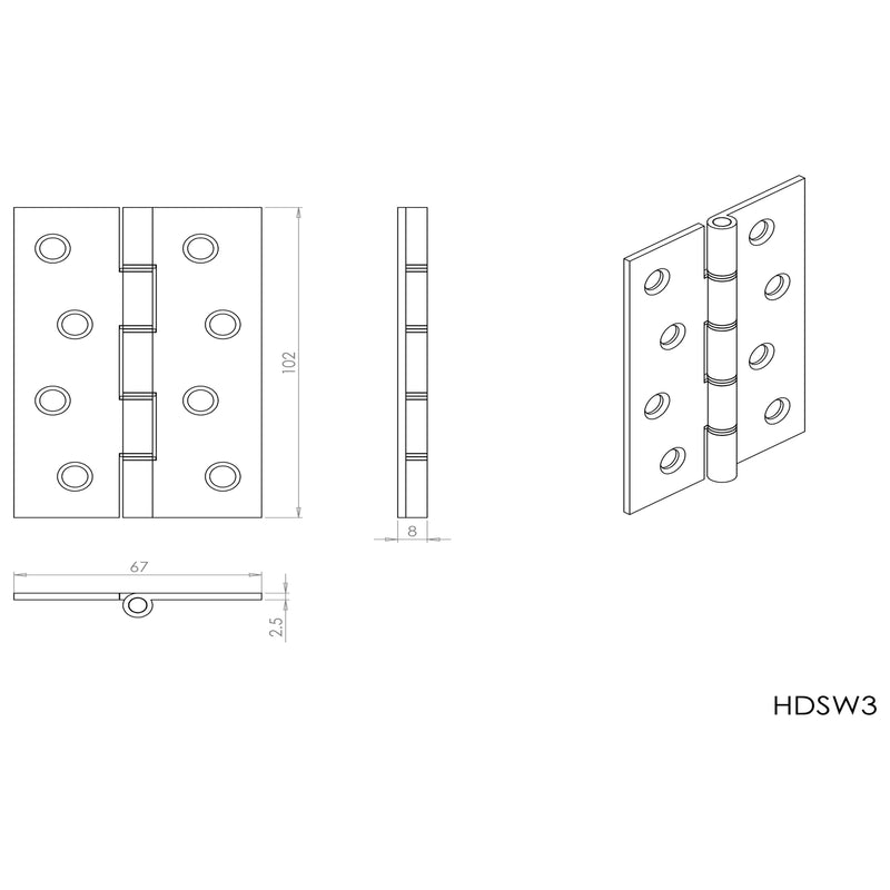 Carlisle Brass - 102mm Double Steel Washered Brass Butt Hinge - Satin Brass - HDSW3 - (Pair) - Choice Handles