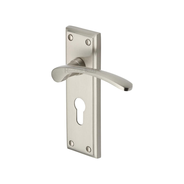 Heritage Brass Door Handle for Euro Profile Plate Hilton Design Satin Nickel finish - HIL8648-SN - Choice Handles