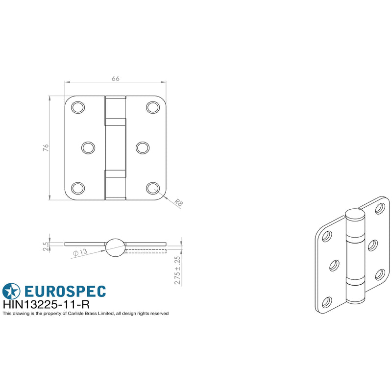 Eurospec - 76 X 67 X 2.5mm Ball Bearing Hinge Grade 11 C/W Screws - Radius (Pair) - Satin Stainless Steel - HIN13225/11SSS/R