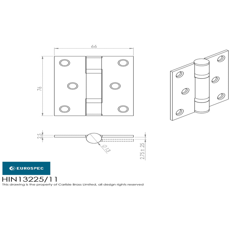 Eurospec - 102 X 67 X 2.2mm Ball Bearing Hinge Grade 11 C/W Screws (Pair) - Satin Stainless Steel - HIN14252/11SSS