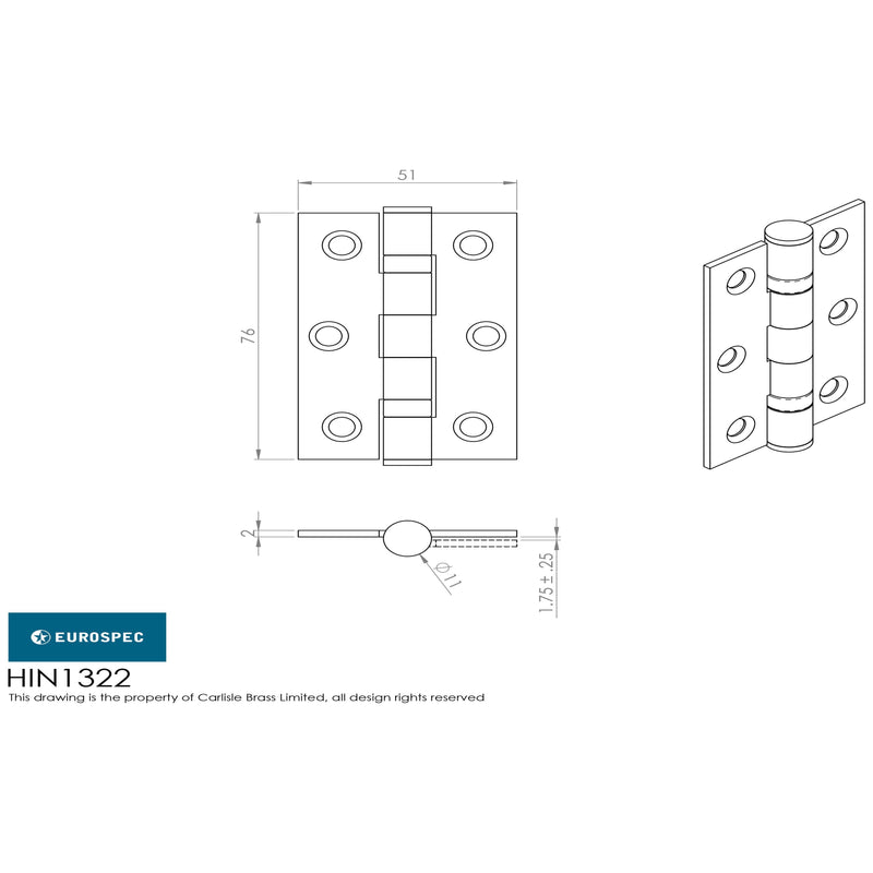 Eurospec - 76 X 51 X 2mm Ball Bearing Butt Hinge - Satin Nickel Plated - HIN1322SNP