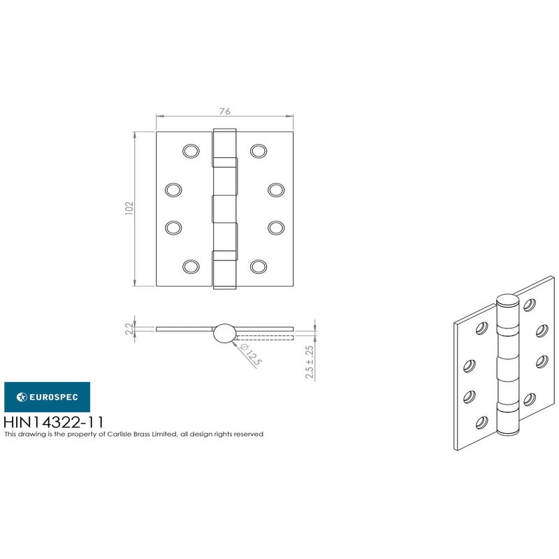 Eurospec - 102 X 76 X 2.2mm Ball Bearing Hinge Grade 11 C/W Screws (Pair) - Satin Stainless Steel - HIN14322/11SSS