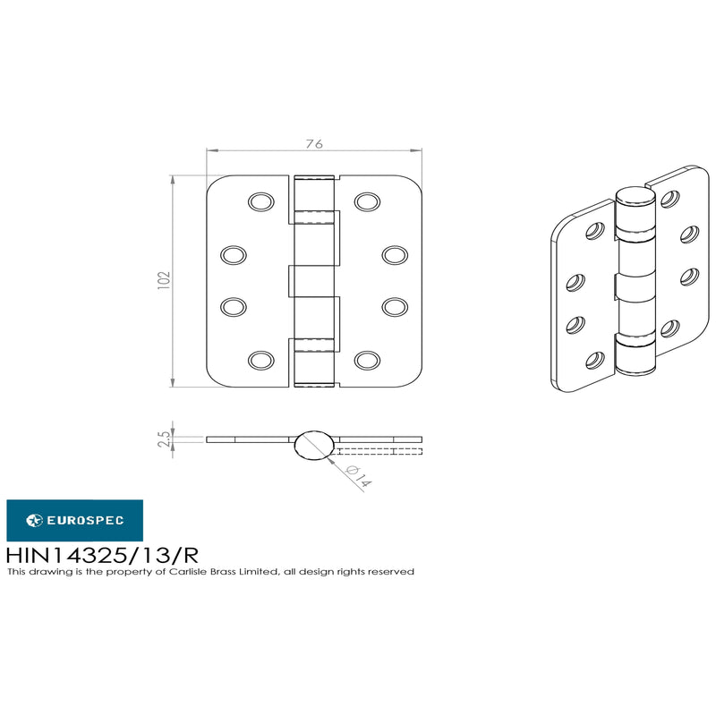 Eurospec - 102 X 76 X 2.5mm Ball Bearing Hinge Grade 13 C/W Screws - Radius (3 Pack) - Satin Stainless Steel - HIN14325/13SSS/R