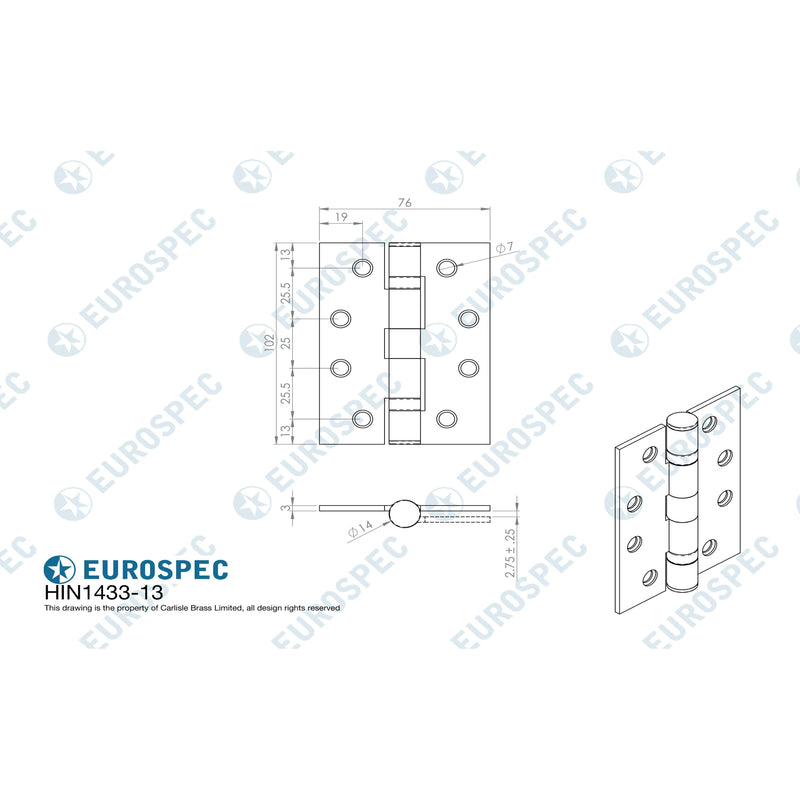 Eurospec - 102 X 76 X 3mm Ball Bearing Hinge Grade 13 C/W Screws (Pair) - Bright Stainless Steel - HIN1433/13BSS