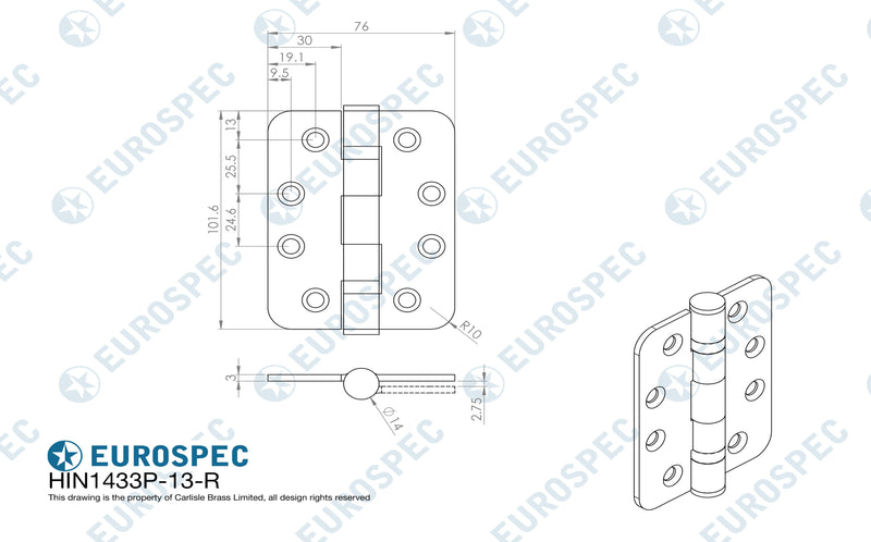 Eurospec - 102 X 76 X 3mm Ball Bearing Hinge Grade 13 C/W Screws (Pair) - Radius - Satin Brass - HIN1433P/13SB/R