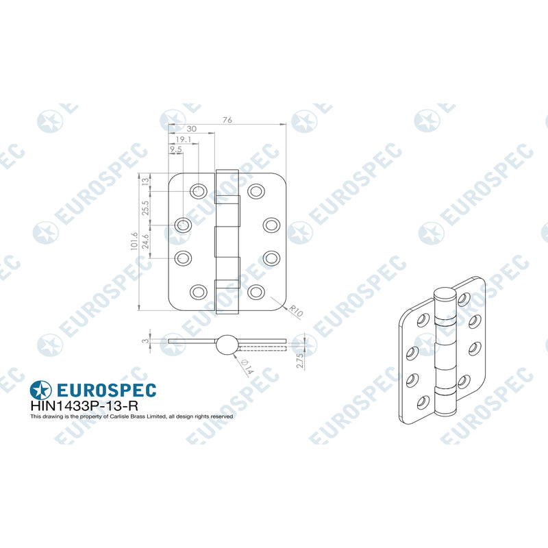 Eurospec - 102 X 76 X 3mm Ball Bearing Hinge Grade 13 C/W Screws (Pair) - Radius - Bright Stainless Steel - HIN1433/13BSS/R