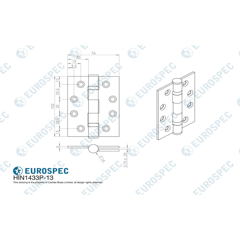 Eurospec - 102 X 76 X 3mm Ball Bearing Hinge Grade 13 C/W Screws (Pair) - Bright Stainless Steel - HIN1433P/13BSS