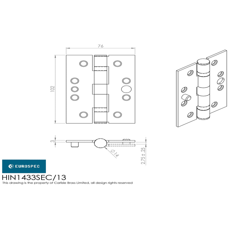 Eurospec - 102 X 76 X 3mm Dog Bolt Ball Bearing Hinge Grade 13 C/W Screws (Pair) - Satin Stainless Steel - HIN1433SEC/13SSS