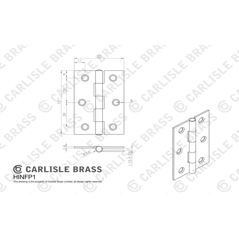 Carlisle Brass - 76 X 50 X 1.6mm Fixed Pin Hinge C/W Screws (Pair) - Powder Coat Black - HINFP1PCB