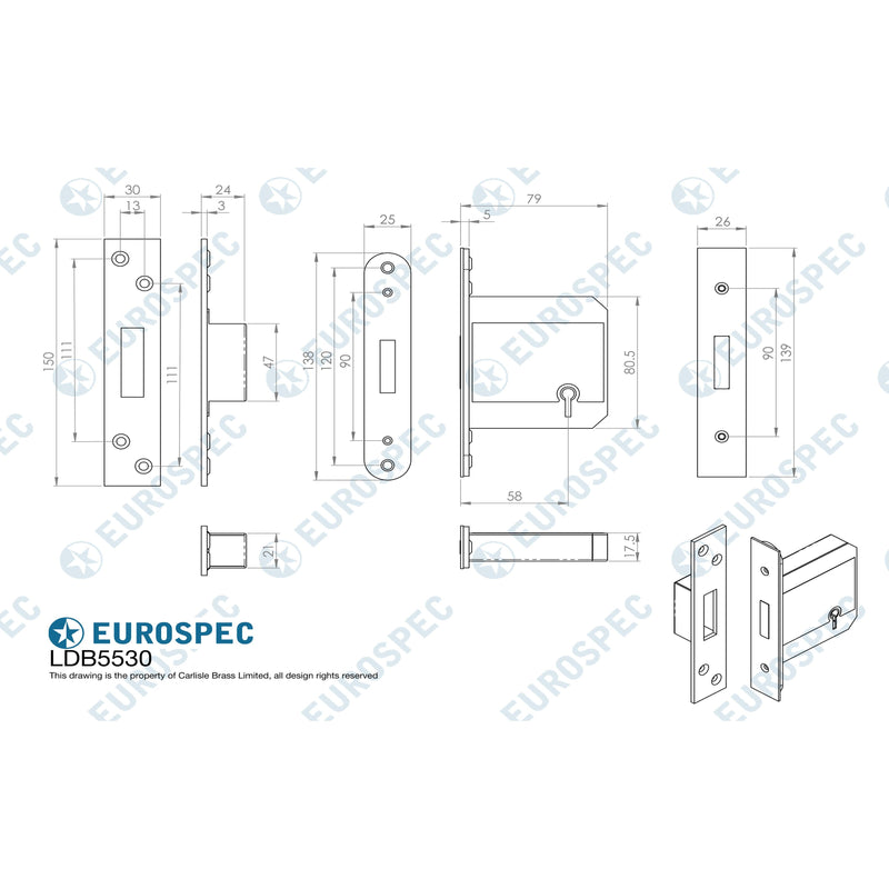 Eurospec - Easi T 5 Lever BS Deadlock 76mm - Satin Stainless Steel - LDB5530SSS - Choice Handles
