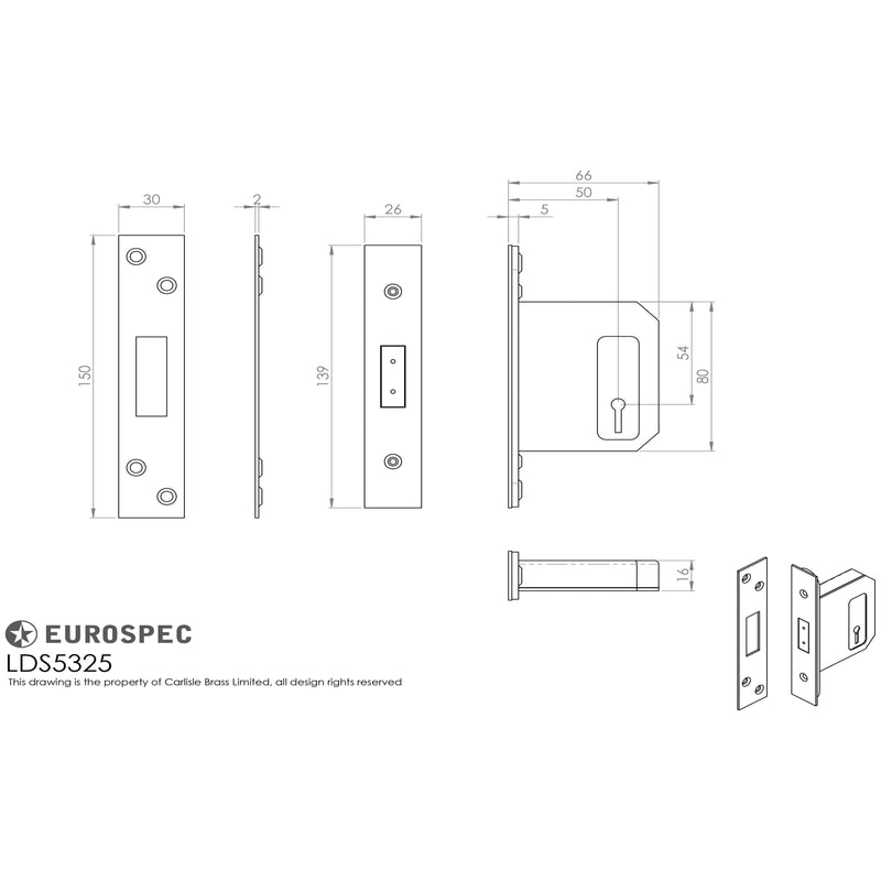 Eurospec - Easi-T 3 Lever Deadlock 64mm - Satin Stainless Steel - LDS5325SSS - Choice Handles