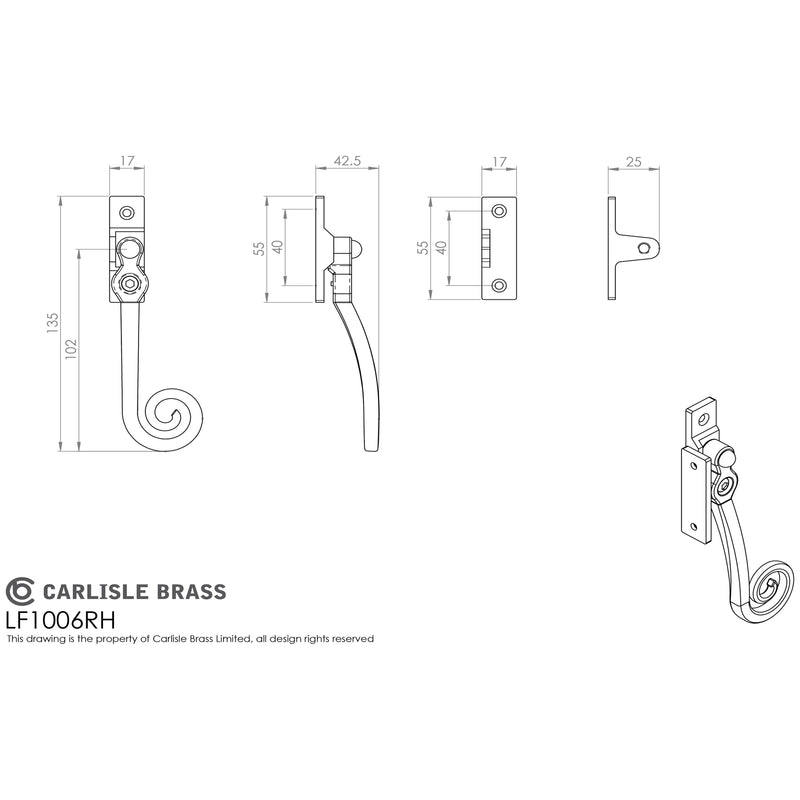 Carlisle Brass - Locking Casement Fastener C/W Key - Right Hand - Black Antique - LF1006RH