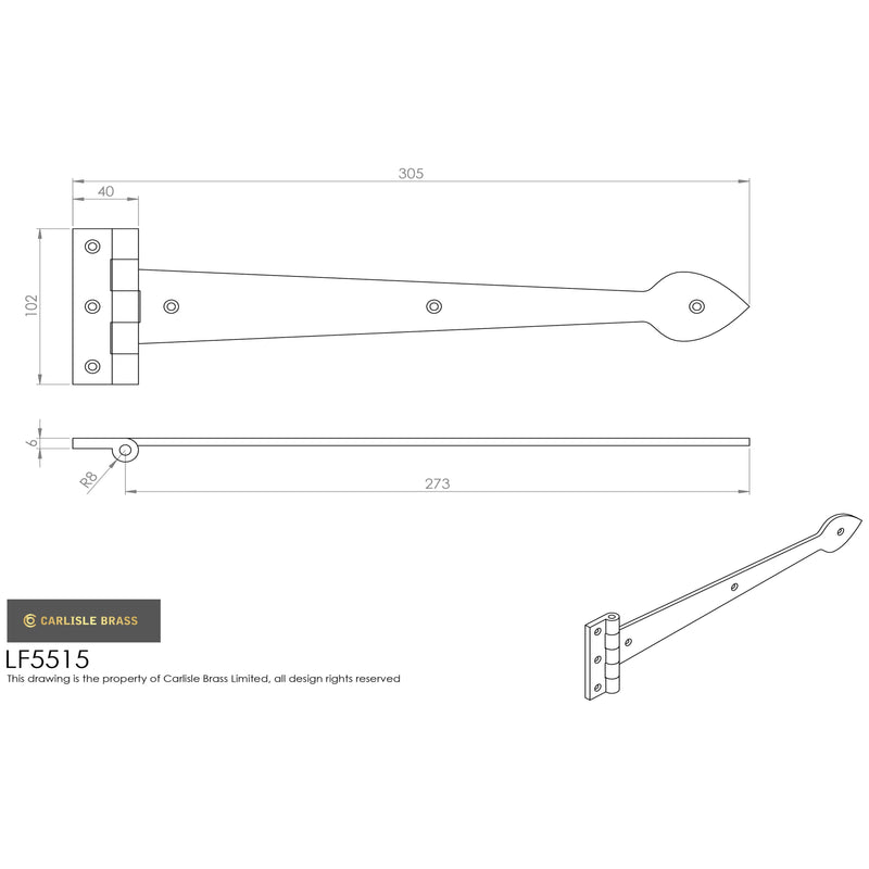 Carlisle Brass - Tee Hinge 275mm x 102mm - Black Antique - LF5515 - Choice Handles