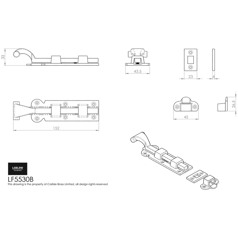 Carlisle Brass - Straight Door Bolt 152mm - Black Antique - LF5530B - Choice Handles