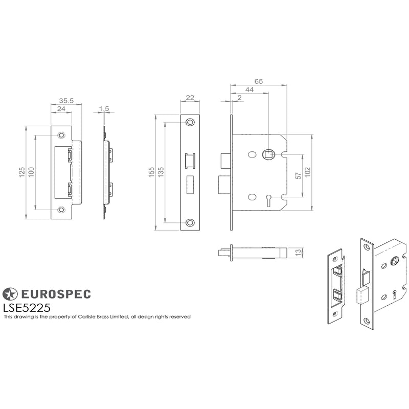 Eurospec - Contract 2 Lever Sashlock Rebated 64mm - Nickel Plate - LSE5225NP/REB - Choice Handles