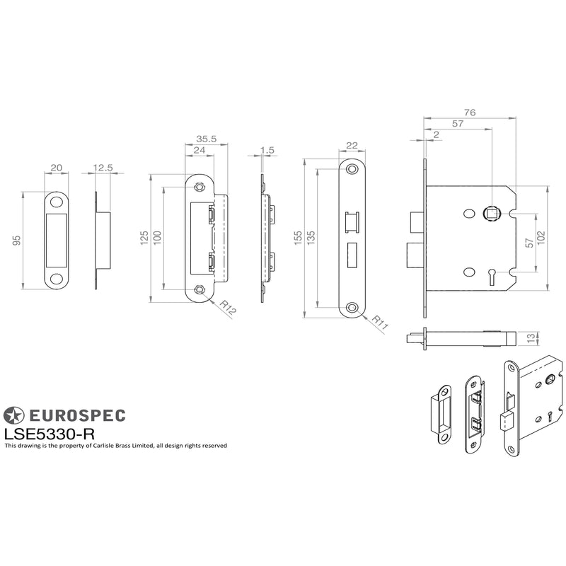 Eurospec - Contract 3 Lever Sashlock Radius 76mm - Satin Nickel - LSE5330SN/R - Choice Handles
