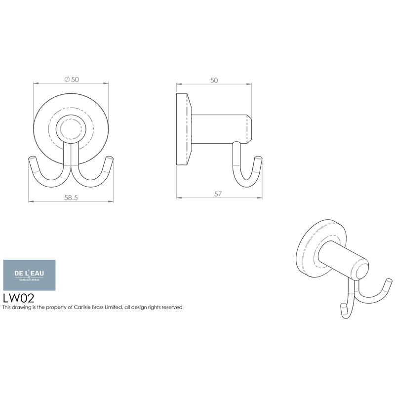 Carlisle Brass - Tempo Double Robe Hook - 58mm - Concealed Fix - Polished Chrome - LW02CP - Choice Handles