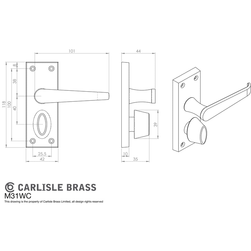 Carlisle Brass - Victorian Lever on Privacy Backplate - Polished Brass - M31WC - Choice Handles