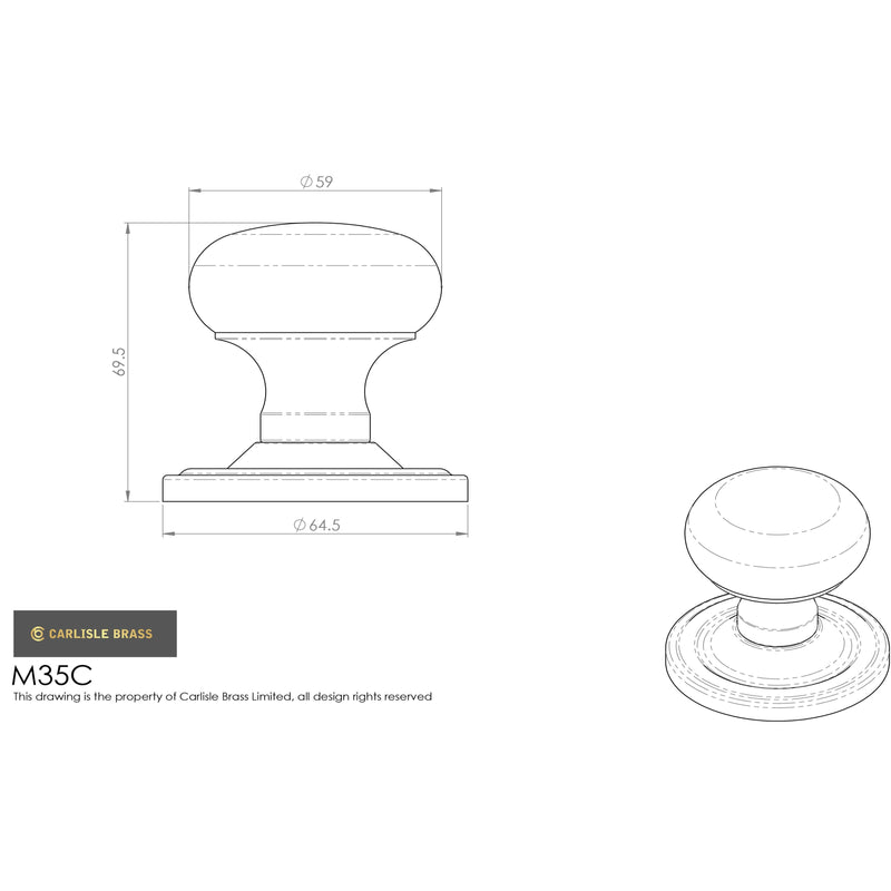 Manital - Concealed Fix Mushroom Mortice Knob - Satin Brass - M35CSB - Choice Handles