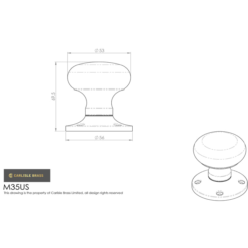 Manital - Mushroom Mortice Knob (Unsprung) - Polished Brass - M35US - Choice Handles