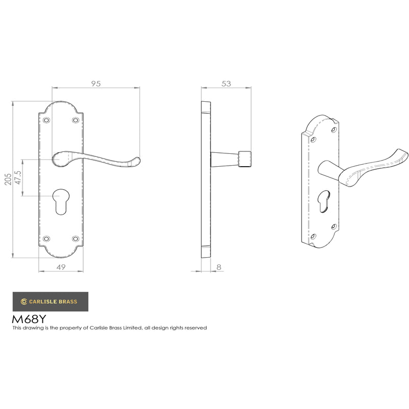 Carlisle Brass - Victorian Scroll Lever on Shaped Euro Lock Backplate - Polished Brass - M68Y - Choice Handles