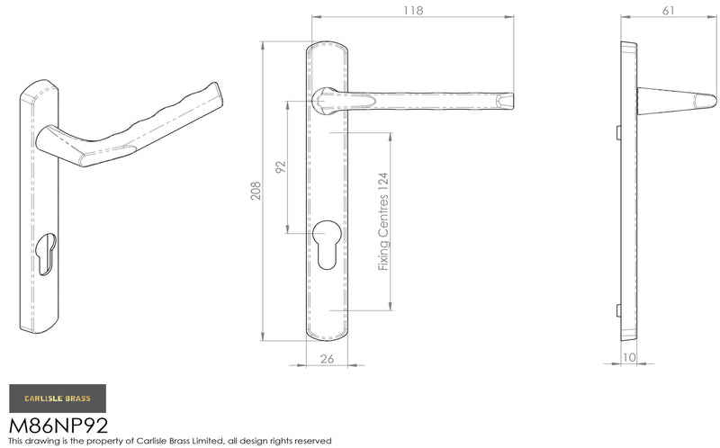 Carlisle Brass - Straight Lever On Narrowplate - Lock Euro Profile (92mm C/C) Co1 Otl (Polished Brass) - Polished Brass - M86NP92