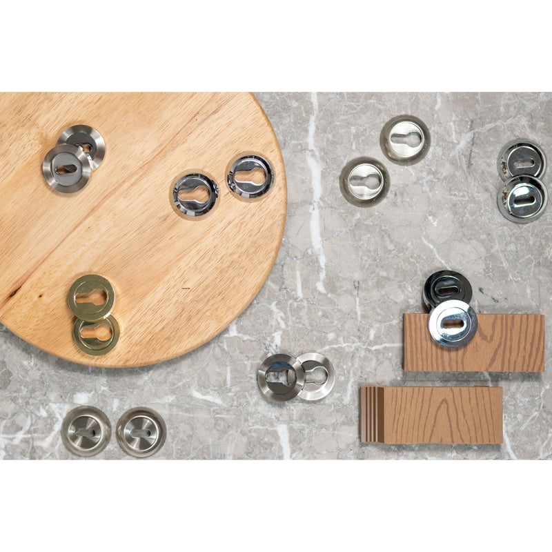 Mediterranean Key Escutcheons on Round Rose - Satin Chrome/Polished Chrome - MESCKSCPC - Choice Handles