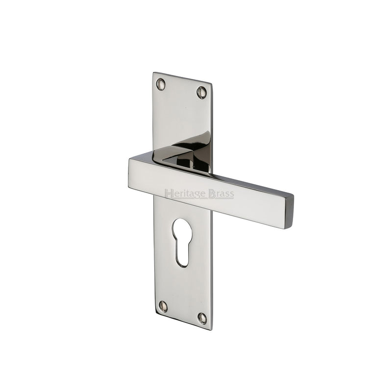 Heritage Brass Door Handle for Euro Profile Plate Metro Design Polished Nickel finish - MET4948-PNF - Choice Handles