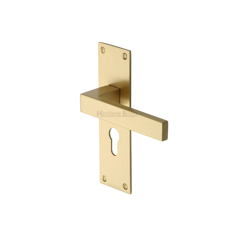 Heritage Brass Door Handle for Euro Profile Plate Metro Design Satin Brass finish - MET4948-SB - Choice Handles