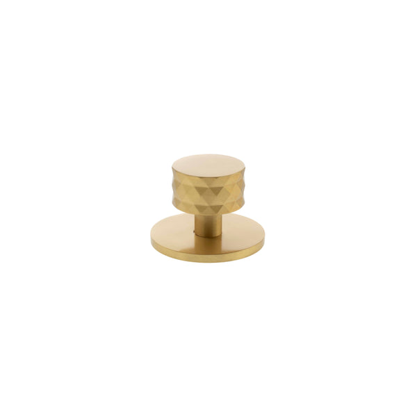 Millhouse Brass Chrysler Diamond Round Cabinet Knob Handle on Backplate - Satin Brass - MHCDB1530SB - Choice Handles