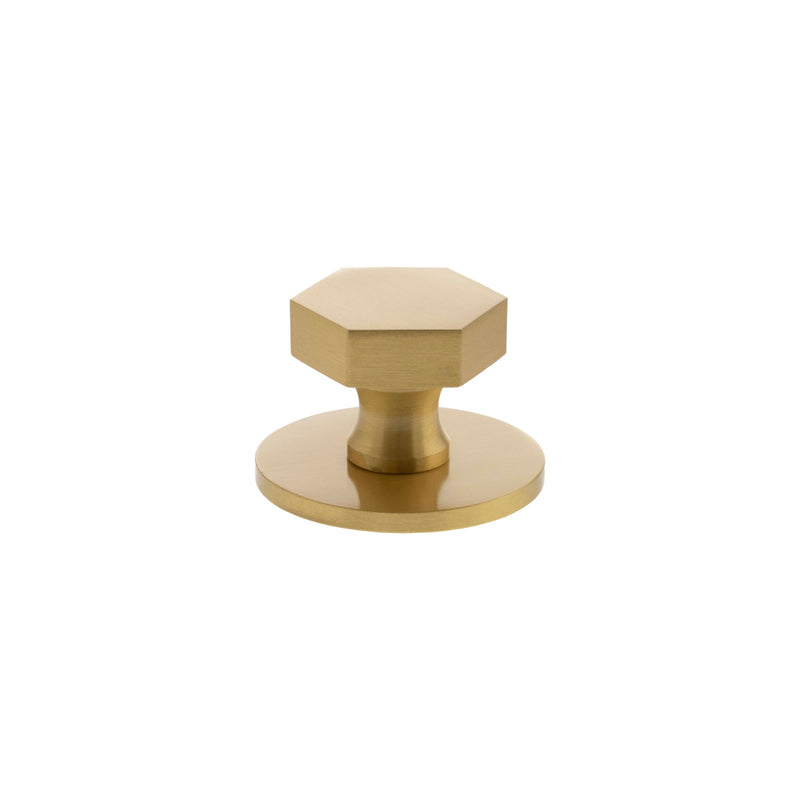 Millhouse Brass Pennington Hexagonal Cabinet Knob Handle on Backplate - Satin Brass - MHCHB1532SB - Choice Handles