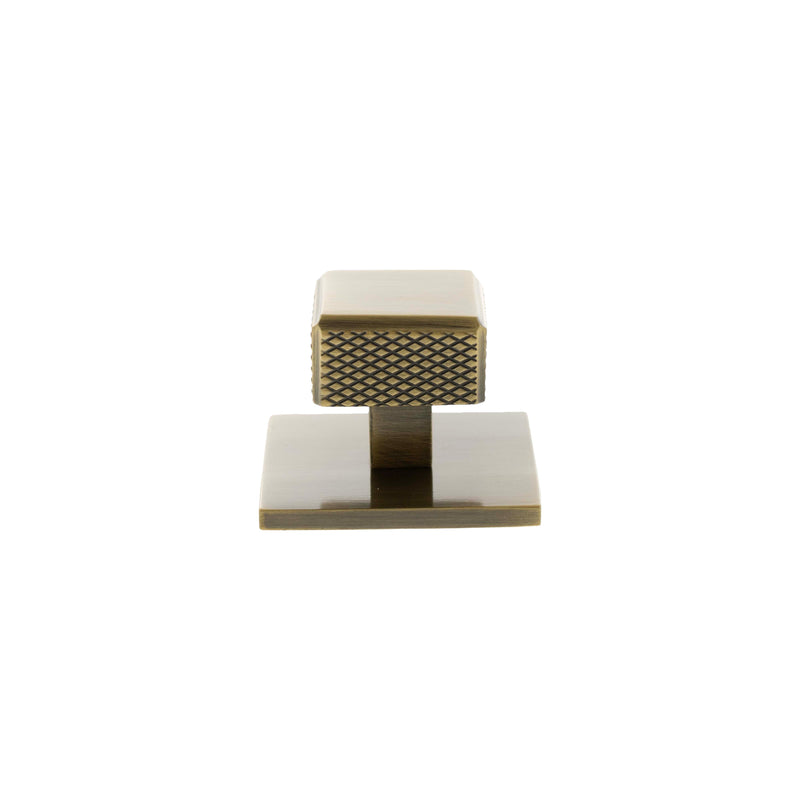 Millhouse Brass Eiffel Knurled Square Cabinet Knob Handle on Backplate - Antique Brass - MHCKB1230AB - Choice Handles