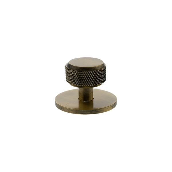 Millhouse Brass Eiffel Knurled Round Cabinet Knob Handle on Backplate - Antique Brass - MHCKB1532AB - Choice Handles