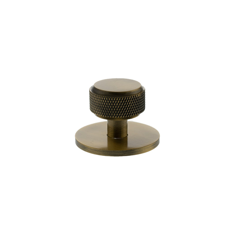 Millhouse Brass Eiffel Knurled Round Cabinet Knob Handle on Backplate - Antique Brass - MHCKB1532AB - Choice Handles