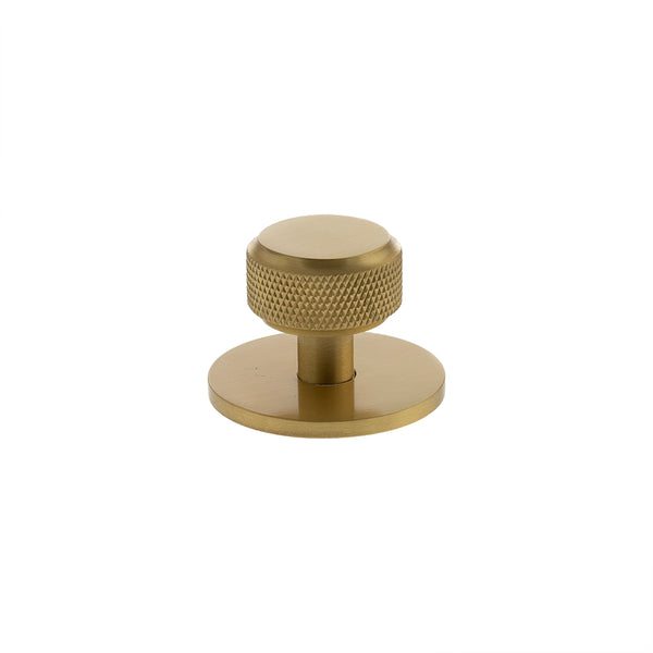 Millhouse Brass Eiffel Knurled Round Cabinet Knob Handle on Backplate - Satin Brass - MHCKB1532SB - Choice Handles