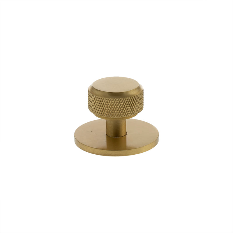 Millhouse Brass Eiffel Knurled Round Cabinet Knob Handle on Backplate - Satin Brass - MHCKB1532SB - Choice Handles