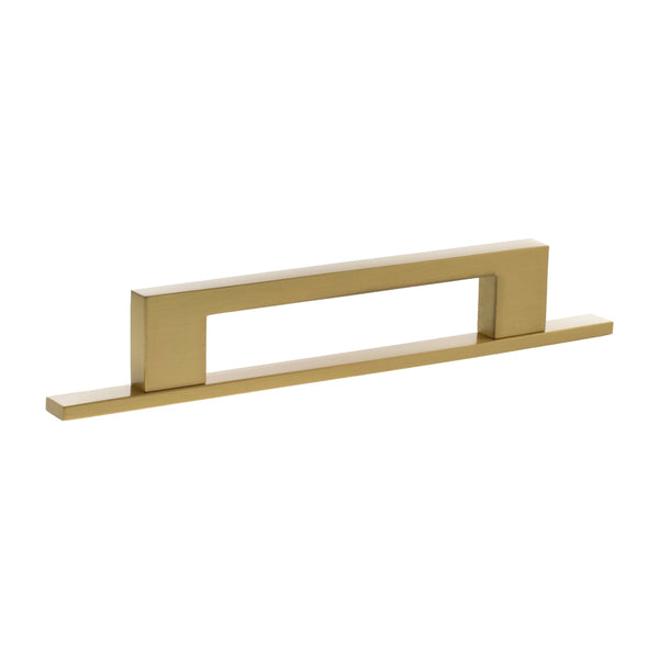 Millhouse Brass Empire Slim Cabinet Pull Handle on Backplate 128mm - Satin Brass - MHCNB17128SB