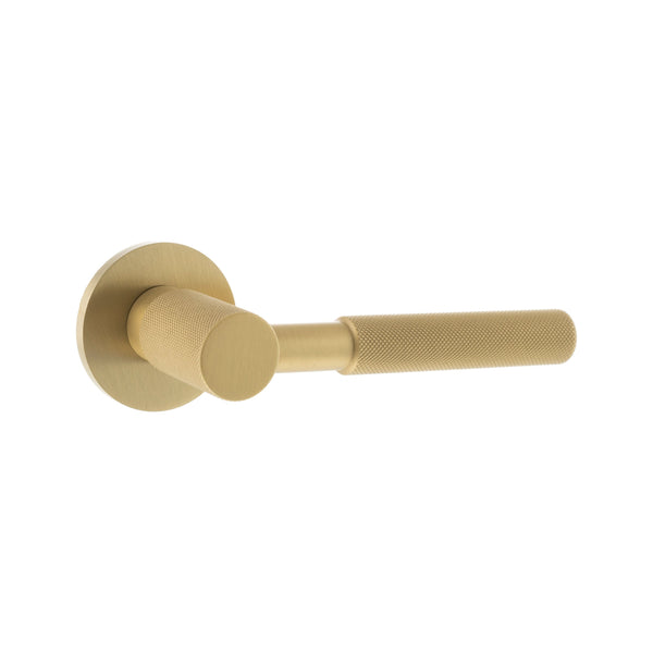 Millhouse Brass Mason Knurled Lever Door Handle on 5mm Slimline Round Rose - Satin Brass - MHSR500SB - Choice Handles
