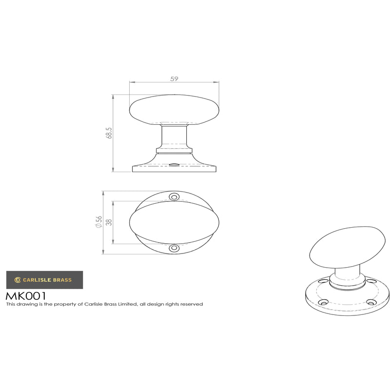 Carlisle Brass - Oval Mortice Knob - Polished Chrome - MK001CP - Choice Handles