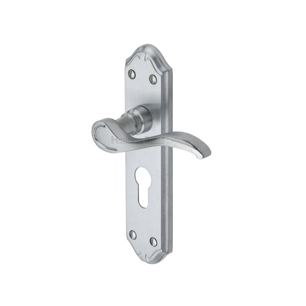 Heritage Brass Door Handle for Euro Profile Plate Verona Small Design Satin Chrome finish - MM625-SC - Choice Handles
