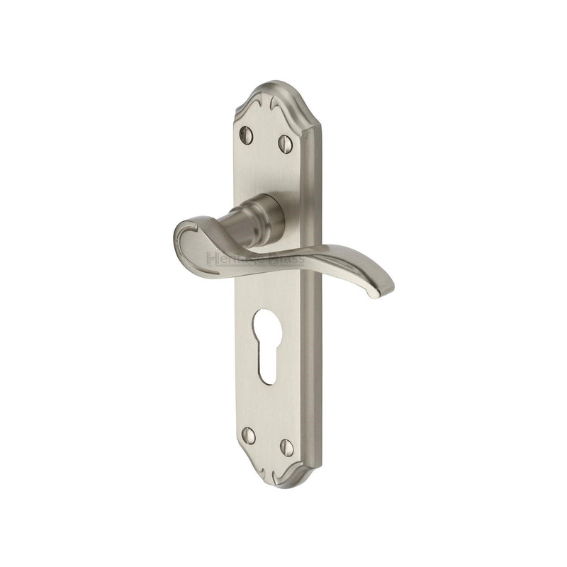 Heritage Brass Door Handle for Euro Profile Plate Verona Small Design Satin Nickel finish - MM625-SN - Choice Handles