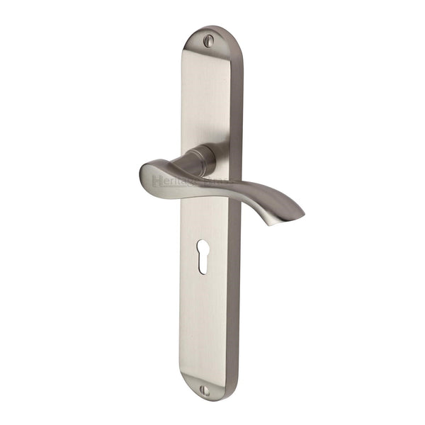 Heritage Brass Door Handle Lever Lock Algarve Long Design Satin Nickel finish - MM7200-SN - Choice Handles